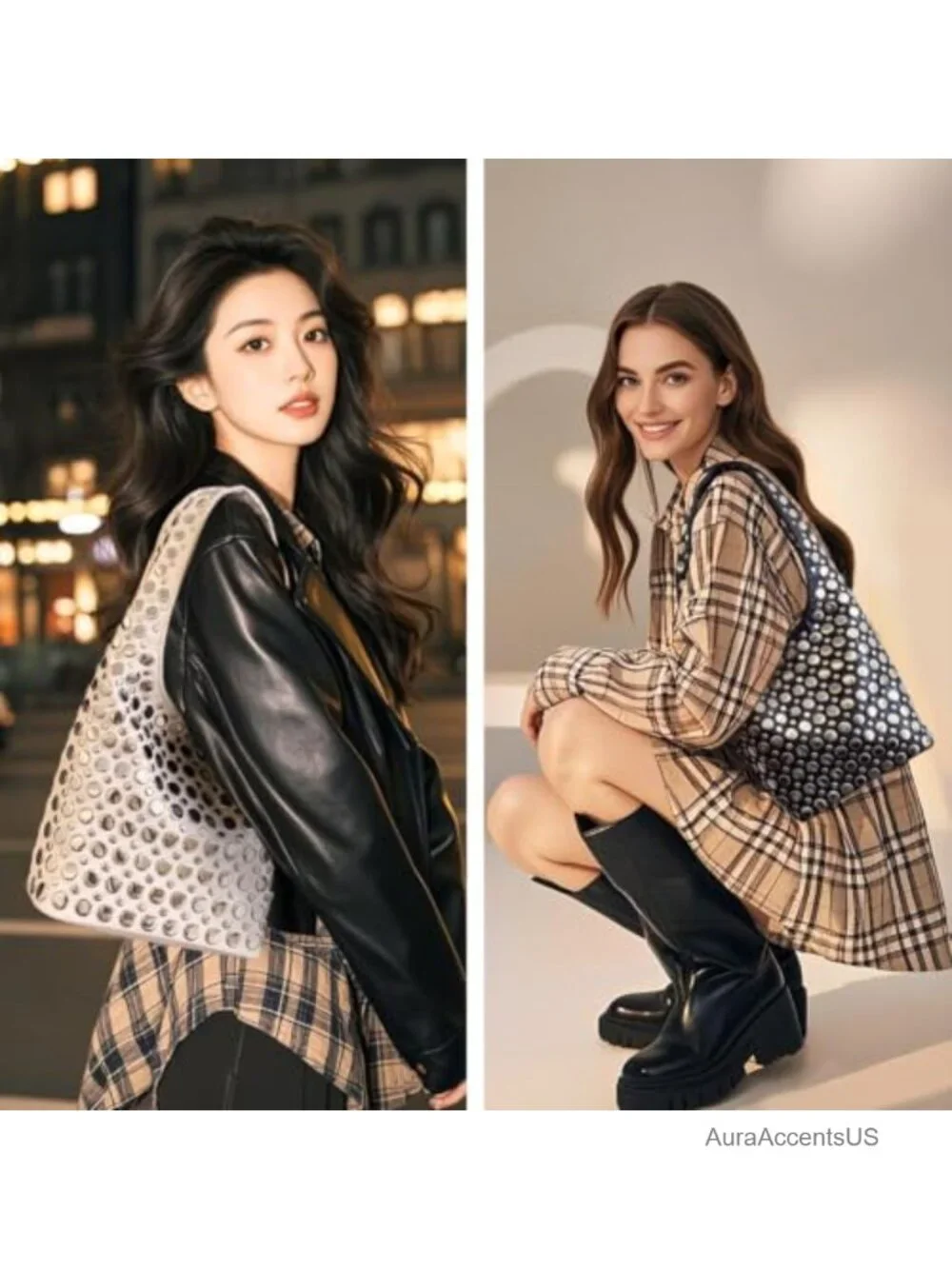 Hobo Shoulder Bag Punk Studded Top Handle Tote Handbag for Women